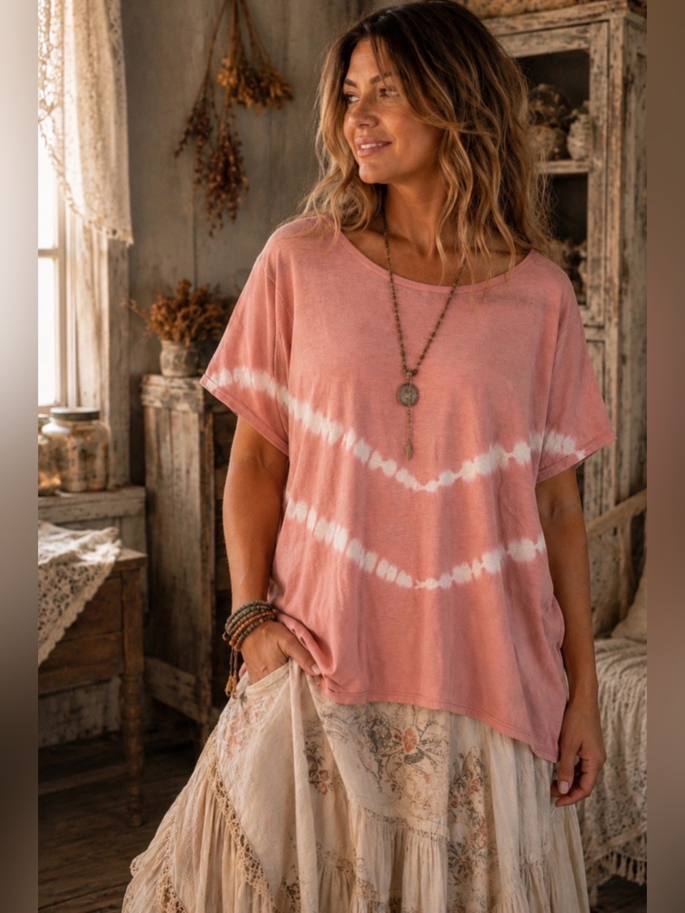 New‼️ COREIO Pink Tie Dye Boho Tee Top Soft Stretchy Festival Casual Plus Sz 1X - Picture 2 of 7